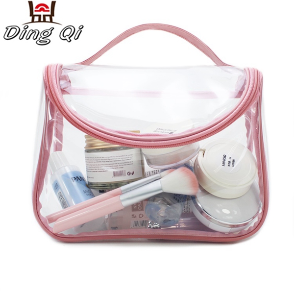 Fashion custom clear cosmetic zipper bag with handle Flexible